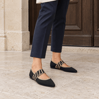 montelore-souliers Babies femme plates en maille tricotée noir et beige à bout pointu
