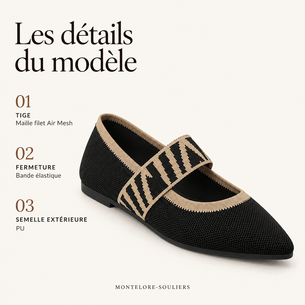 montelore-souliers Babies femme plates en maille tricotée noir et beige à bout pointu