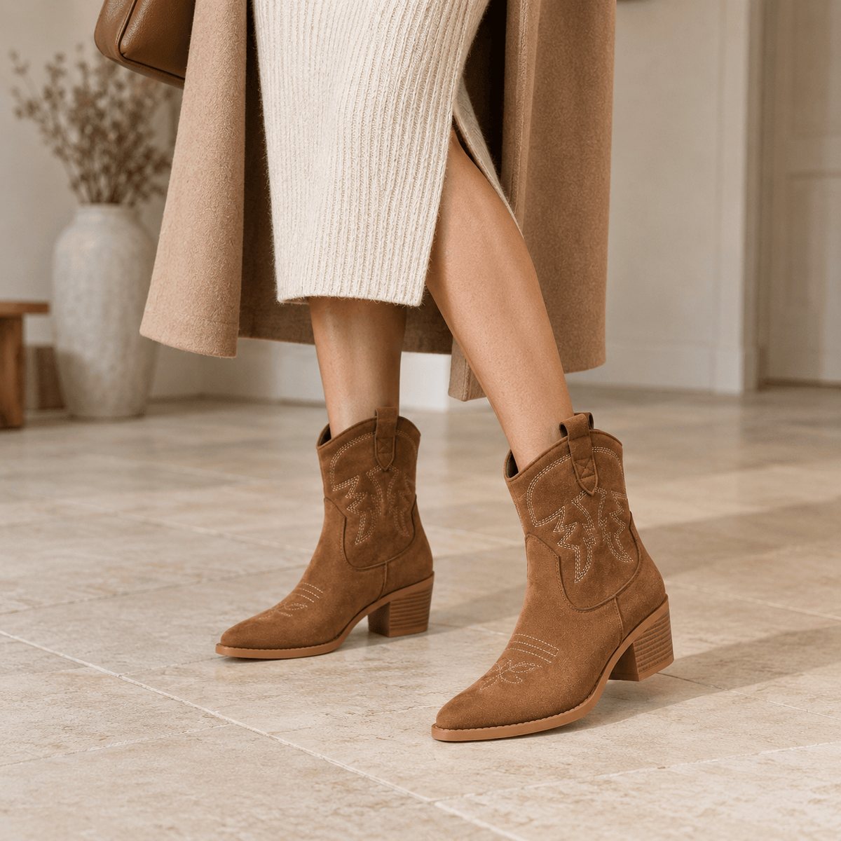 montelore-souliers Bottes Daim Femme De Cowboy En Suède
