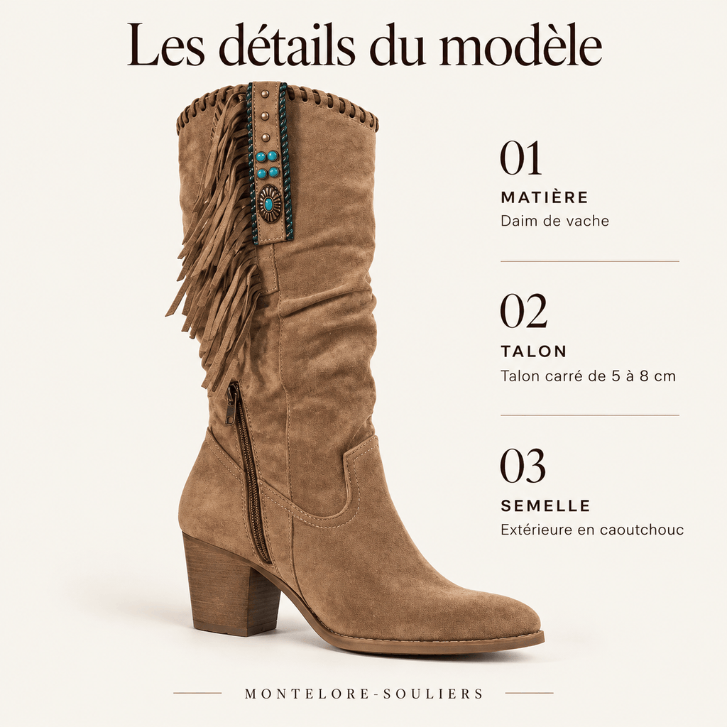 montelore-souliers Bottes de cow-boy femme marron en daim à franges