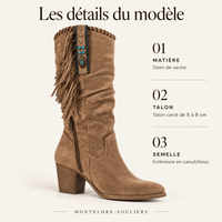 montelore-souliers Bottes de cow-boy femme marron en daim à franges