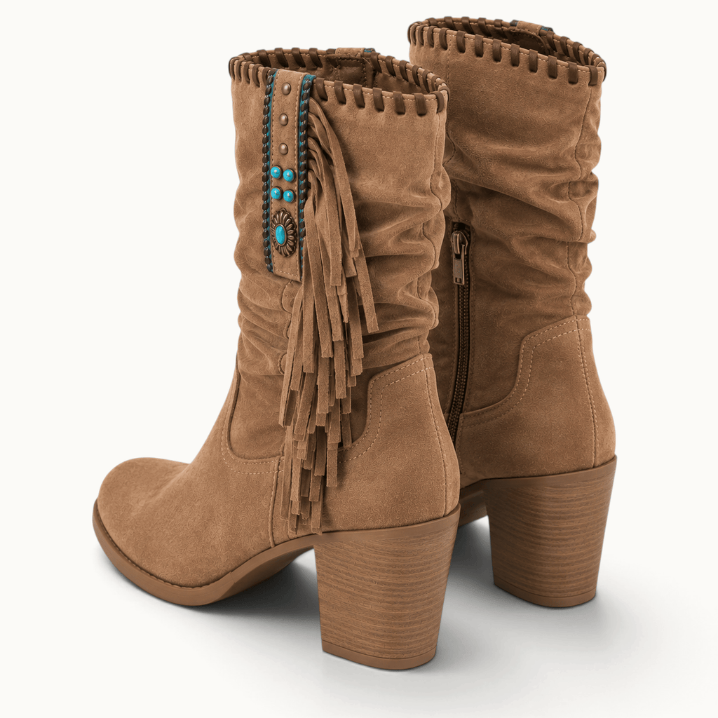 montelore-souliers Bottes de cow-boy femme marron en daim à franges