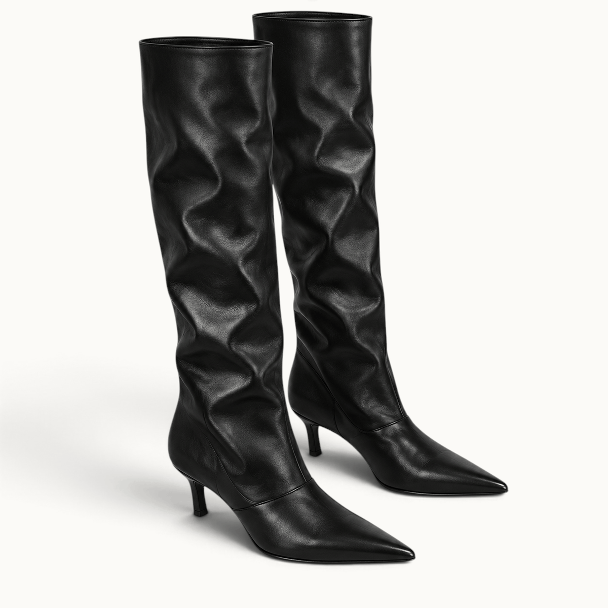 montelore-souliers Bottes femme noires plissées hauteur genou à bout pointu
