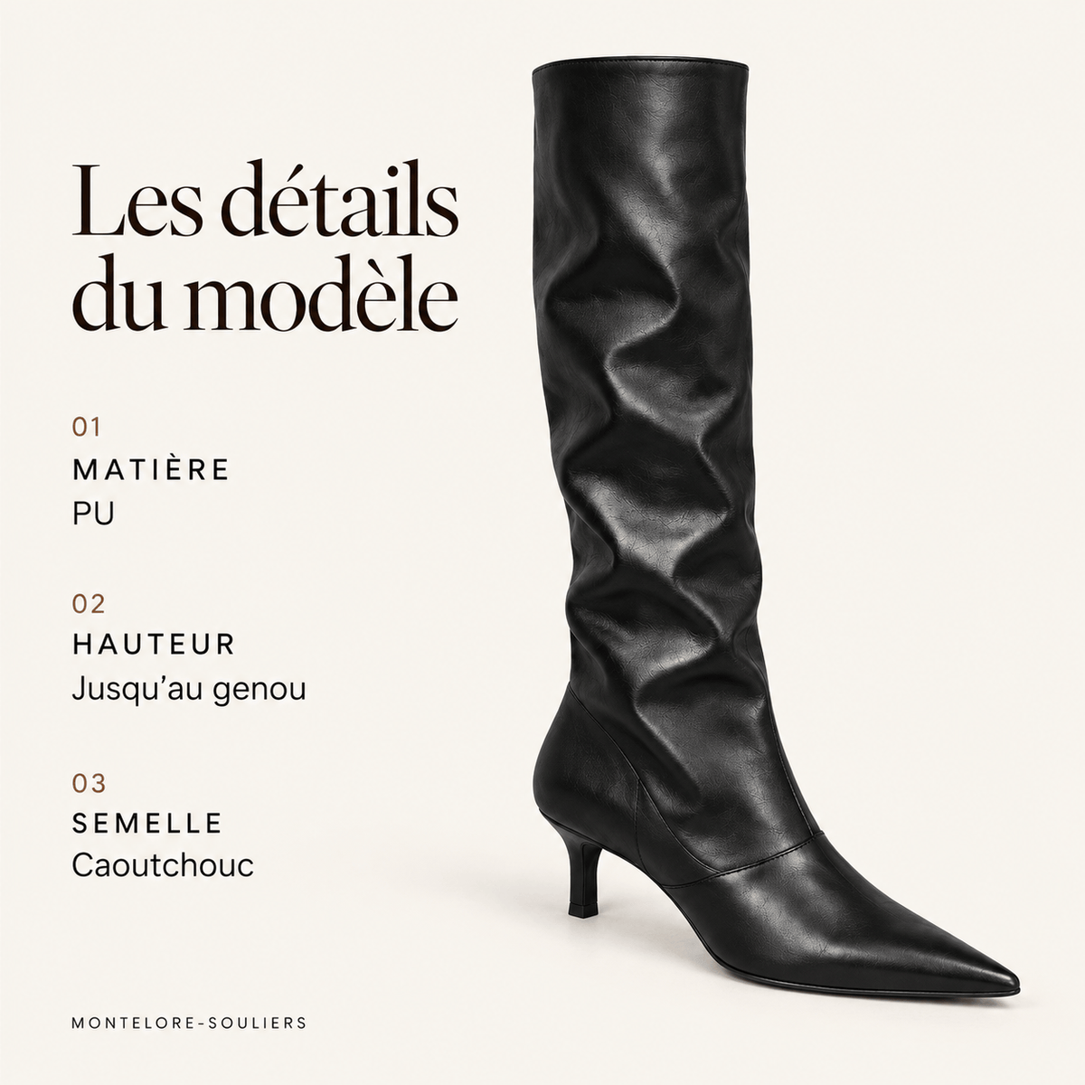 montelore-souliers Bottes femme noires plissées hauteur genou à bout pointu