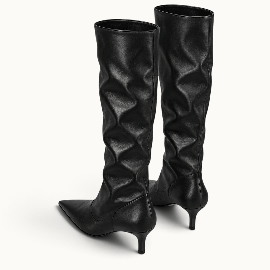 montelore-souliers Bottes femme noires plissées hauteur genou à bout pointu