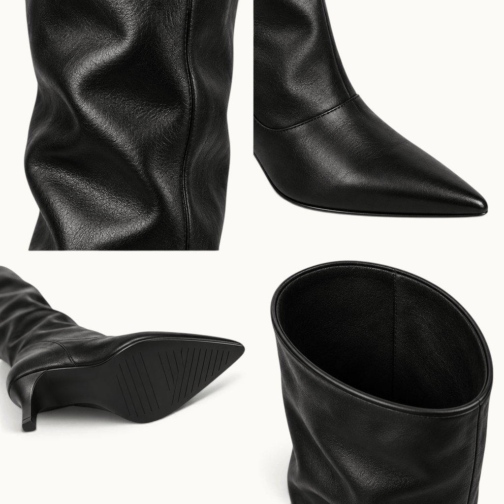 montelore-souliers Bottes femme noires plissées hauteur genou à bout pointu