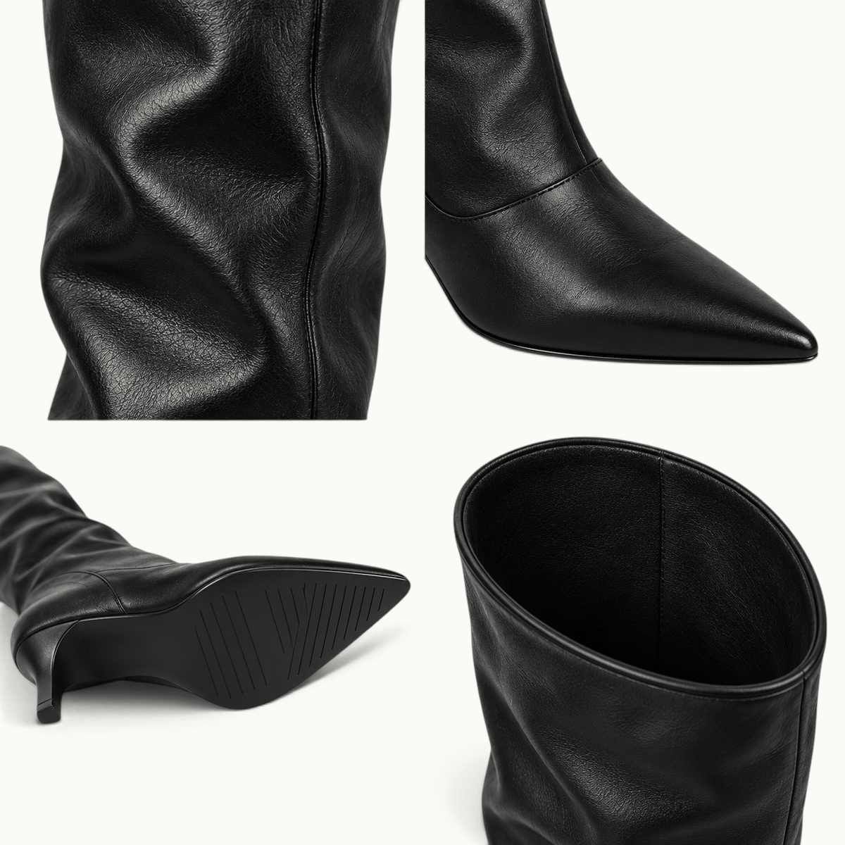 montelore-souliers Bottes femme noires plissées hauteur genou à bout pointu