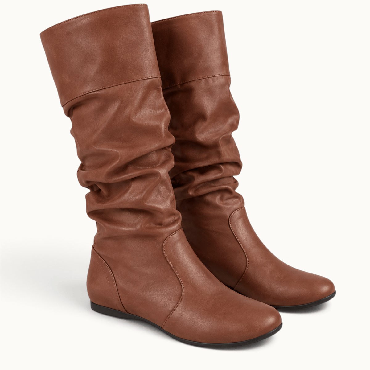 montelore-souliers Bottes mi-mollet plissées femme en similicuir à talon plat