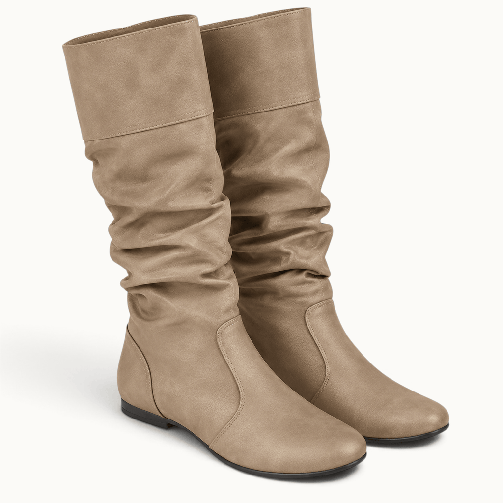 montelore-souliers Bottes mi-mollet plissées femme en similicuir à talon plat
