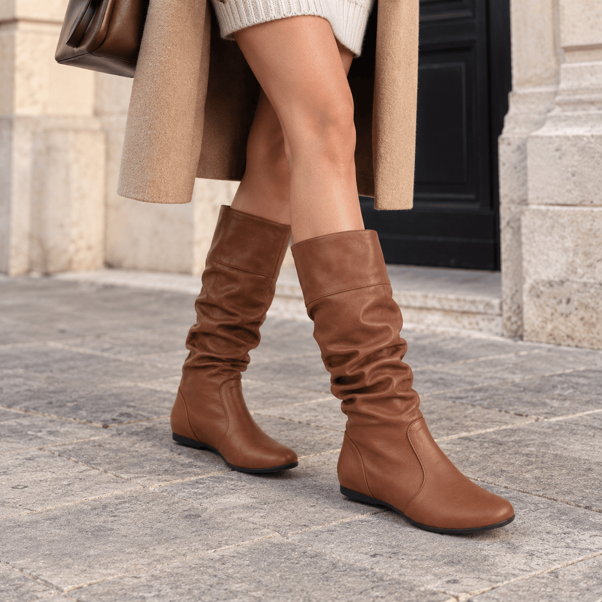 montelore-souliers Bottes mi-mollet plissées femme en similicuir à talon plat