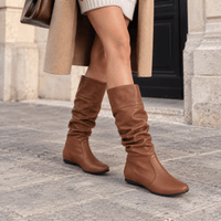 montelore-souliers Bottes mi-mollet plissées femme en similicuir à talon plat
