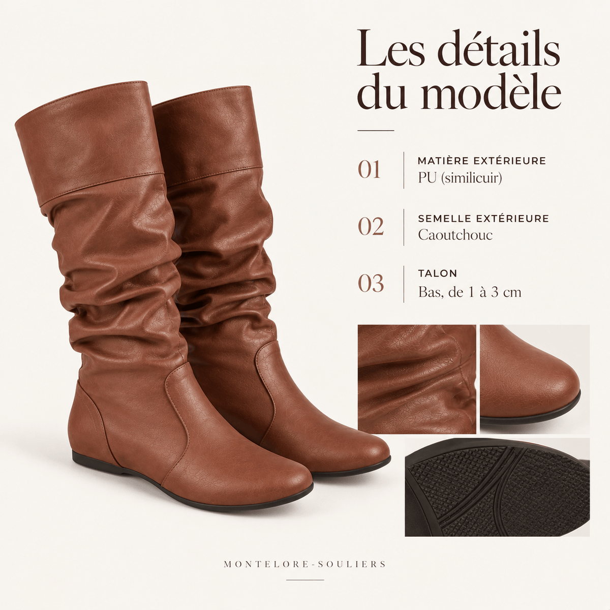 montelore-souliers Bottes mi-mollet plissées femme en similicuir à talon plat