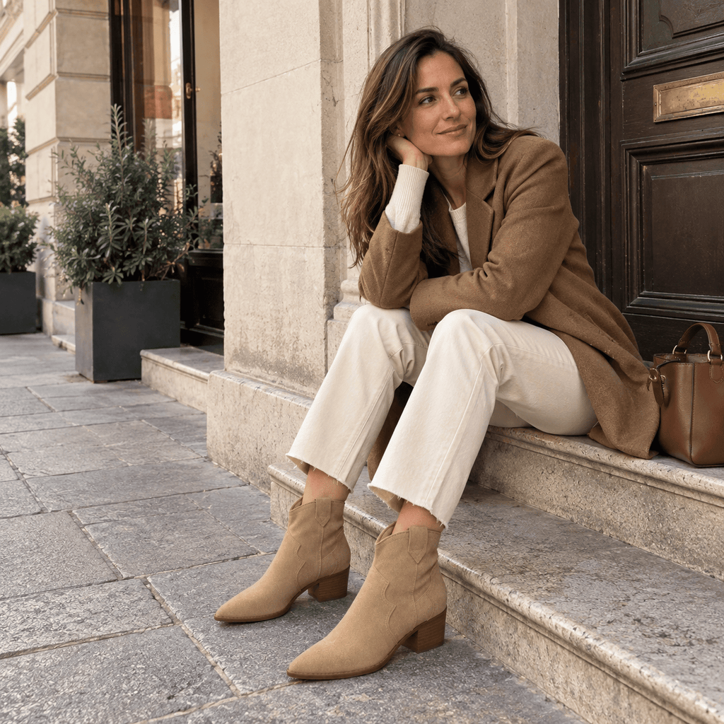 montelore-souliers Bottines Beige Cuir Style Western Suédé