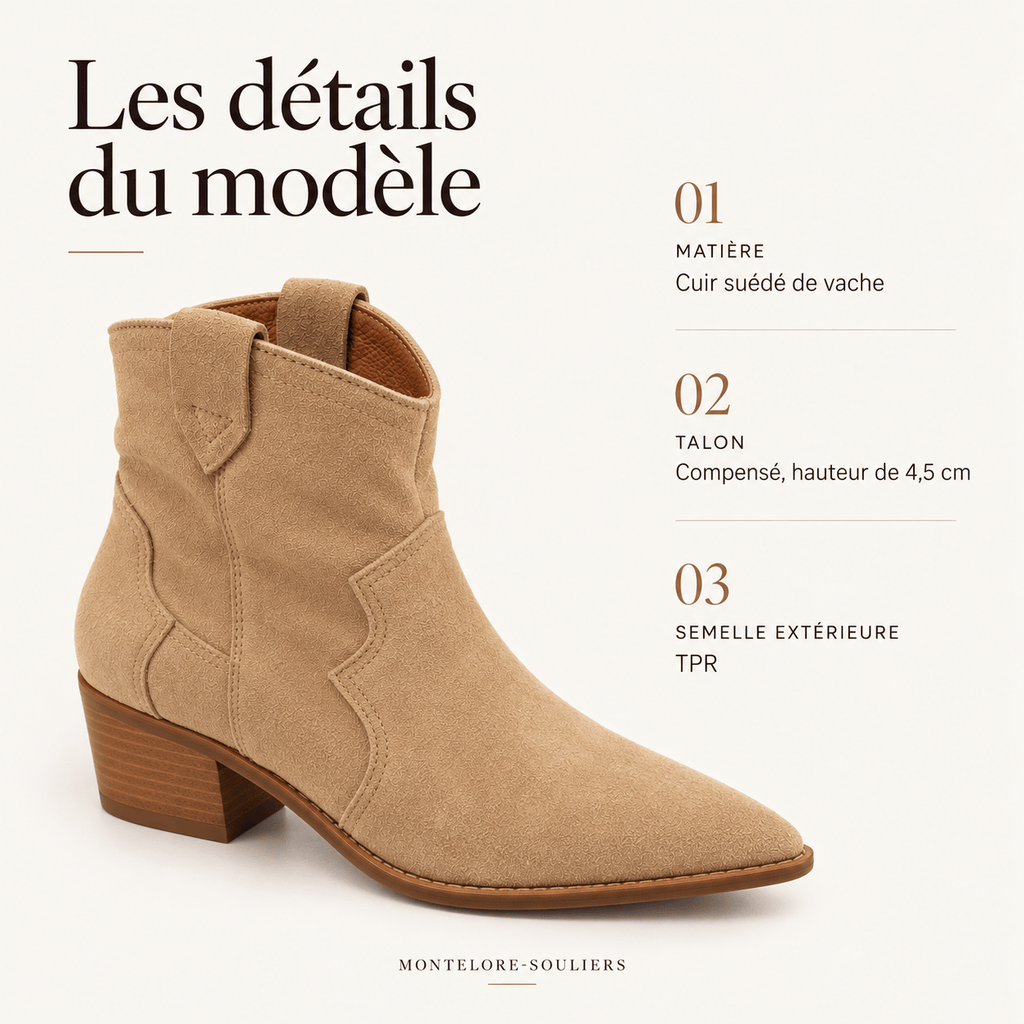 montelore-souliers Bottines Beige Cuir Style Western Suédé