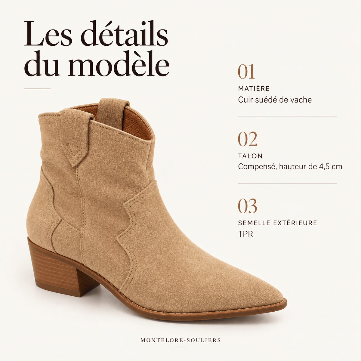 montelore-souliers Bottines Beige Cuir Style Western Suédé