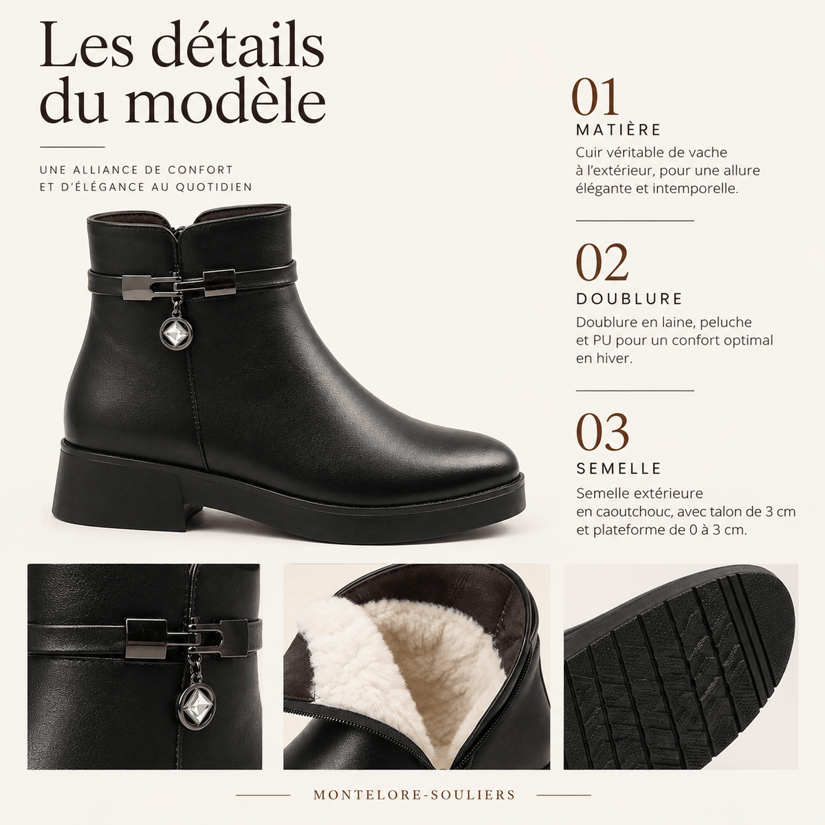 montelore-souliers Bottines Cuir Noir Femme Doublées Laine