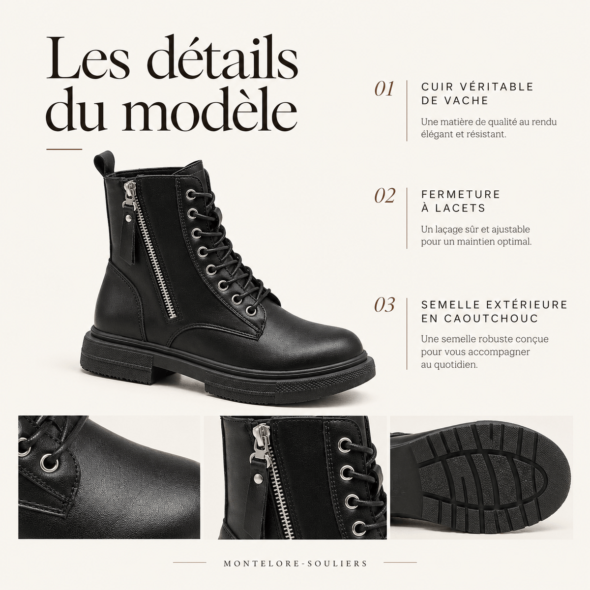 montelore-souliers Bottines Cuire Femme En Cuir Véritable À Lacets Et Fermeture