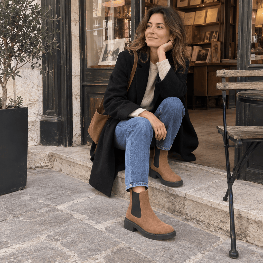 montelore-souliers Bottines Daim Femme Camel En Cuir Suédé Chelsea