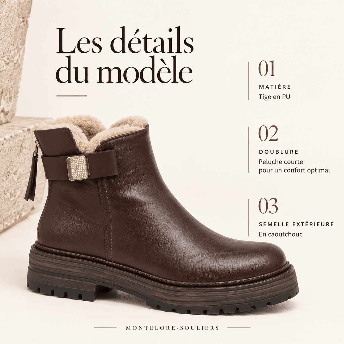 montelore-souliers Bottines Fausse Fourrure Fourrées Semelle Crantée
