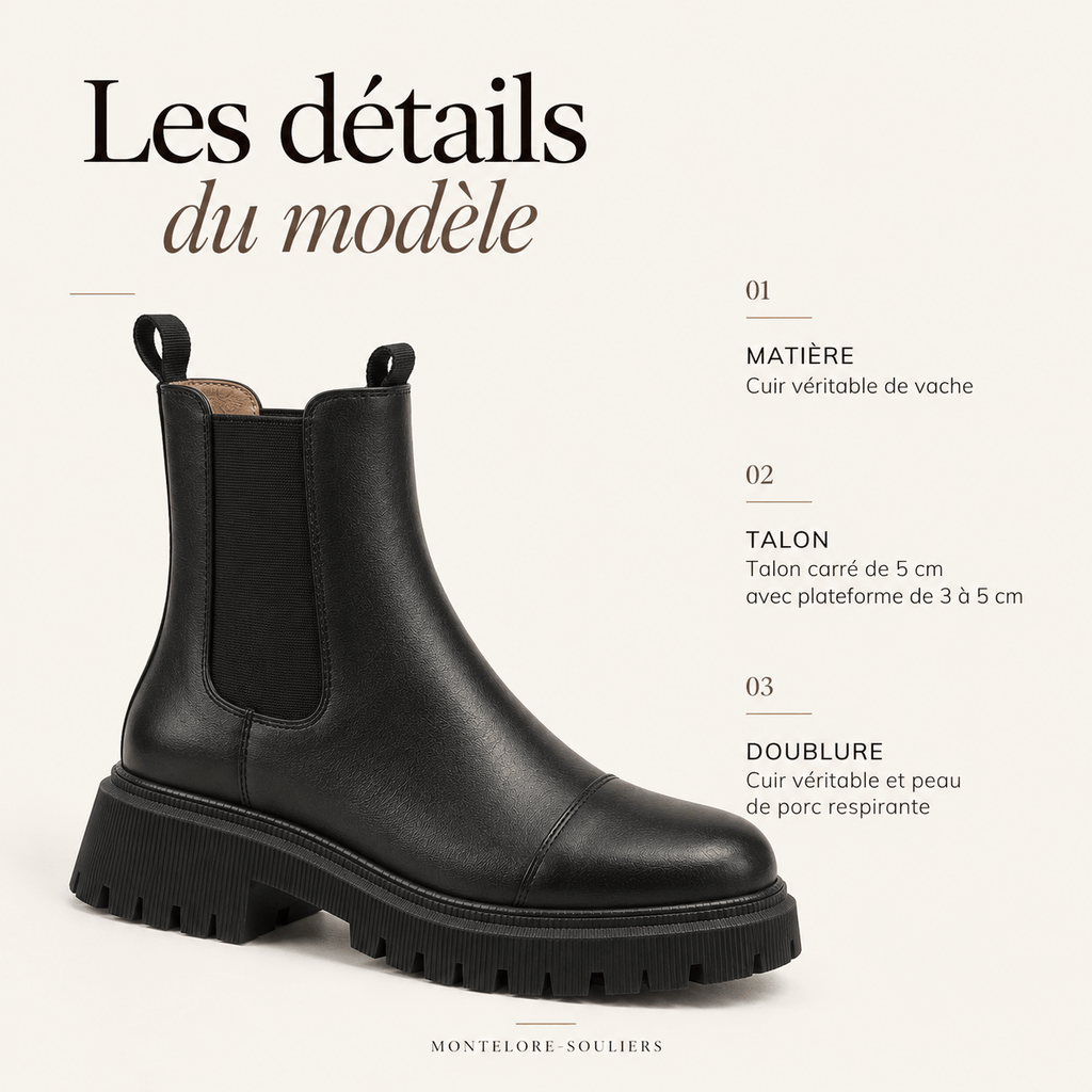 montelore-souliers Bottines Femme Cuir Noir Talon 5 Cm Chelsea