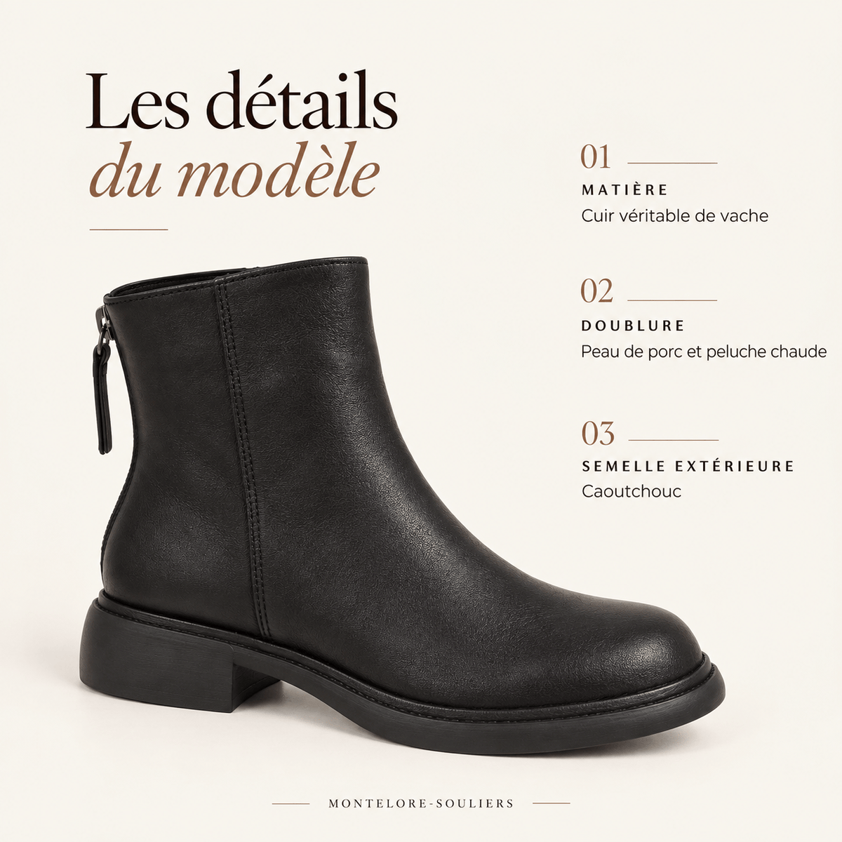 montelore-souliers Bottines Femme Cuir Talon Véritable Doublure Chaude
