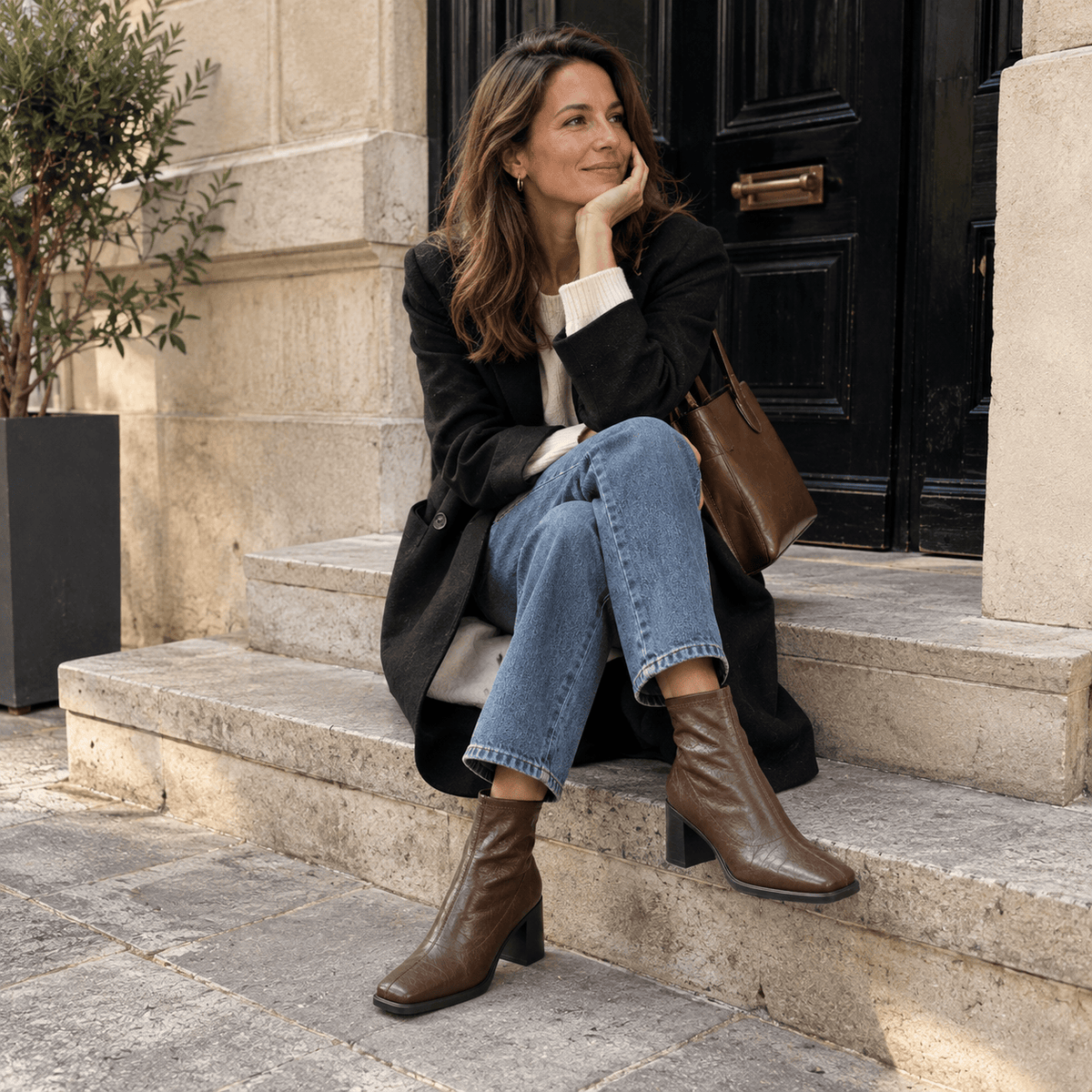 montelore-souliers Bottines Femme Marron À Talon Carré En Similicuir