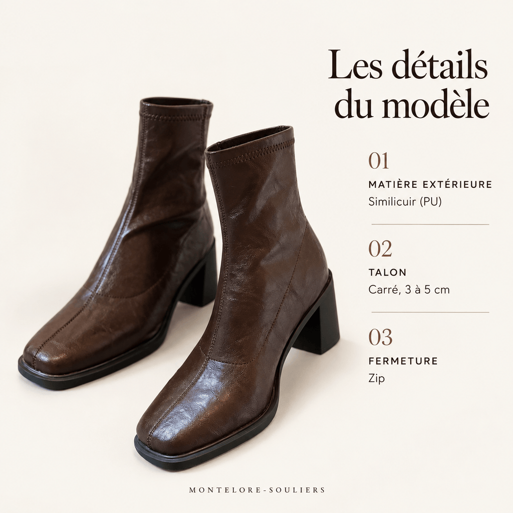 montelore-souliers Bottines Femme Marron À Talon Carré En Similicuir