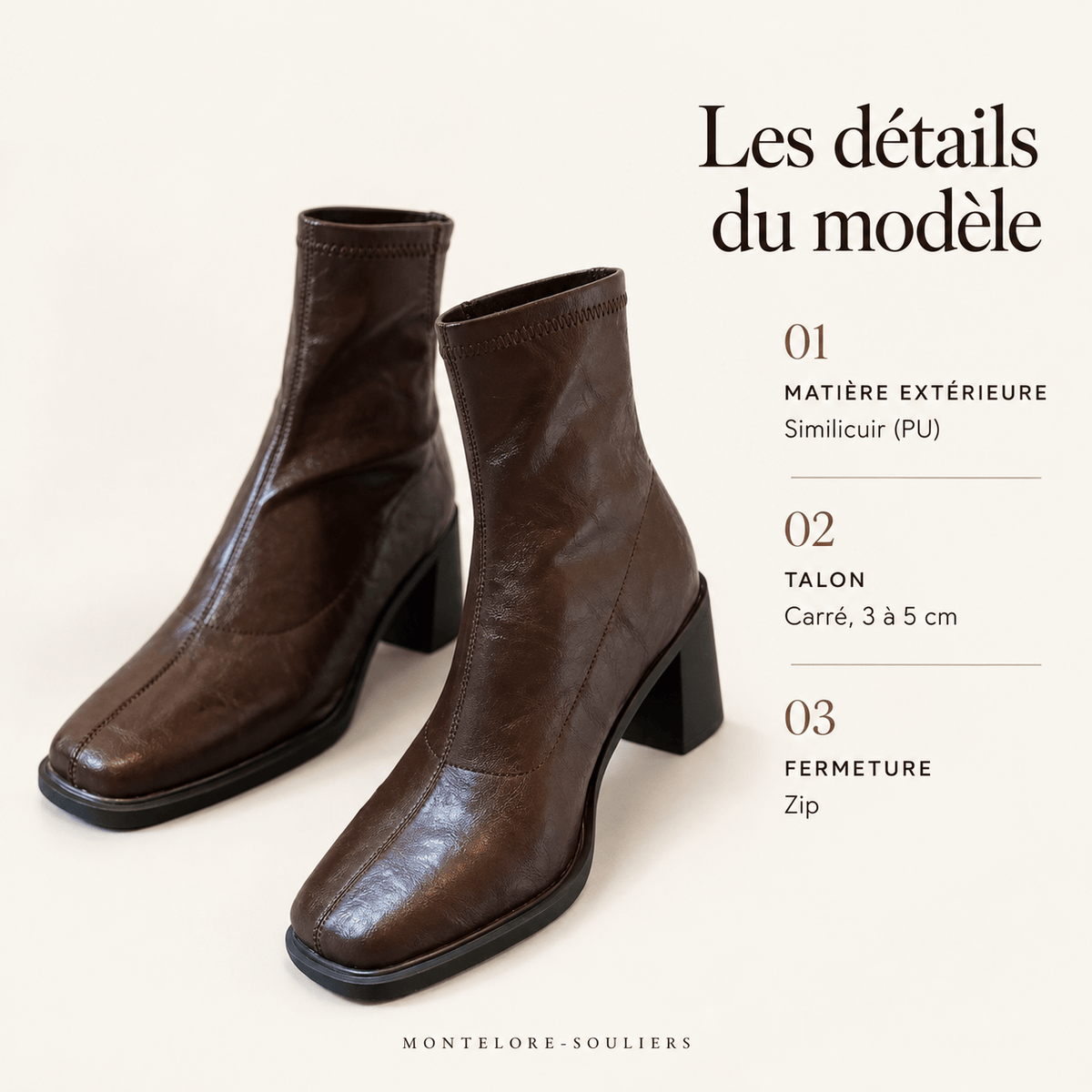 montelore-souliers Bottines Femme Marron À Talon Carré En Similicuir