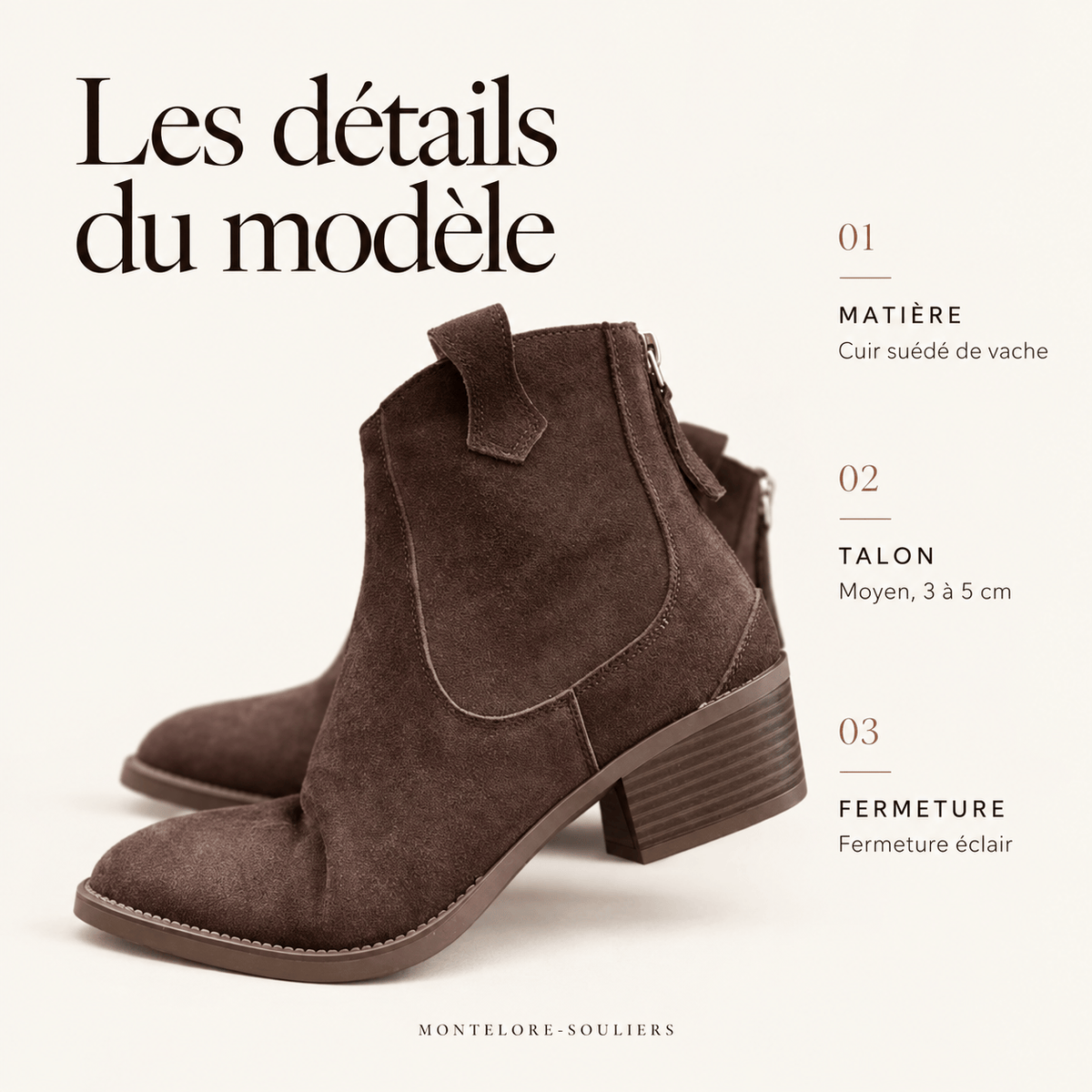 montelore-souliers Bottines Femme Marron Cuir Suédé Style Western