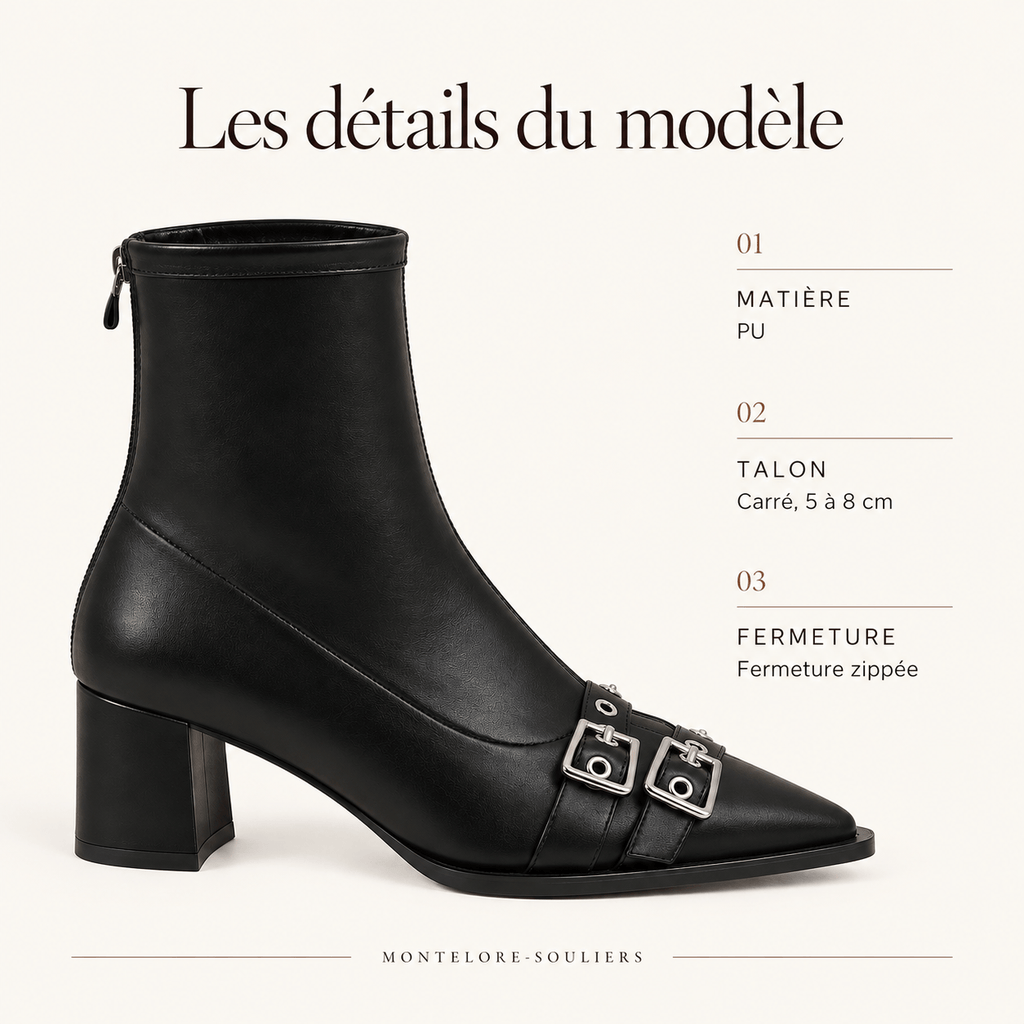 montelore-souliers Bottines Femme Noir À Bout Pointu À Talon Carré
