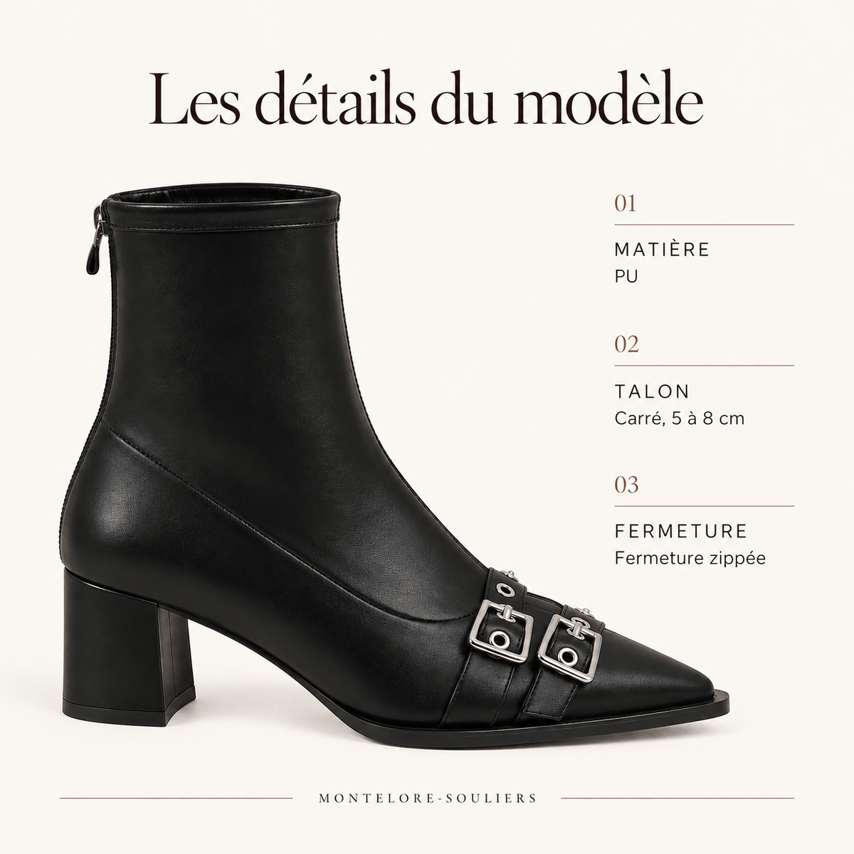 montelore-souliers Bottines Femme Noir À Bout Pointu À Talon Carré