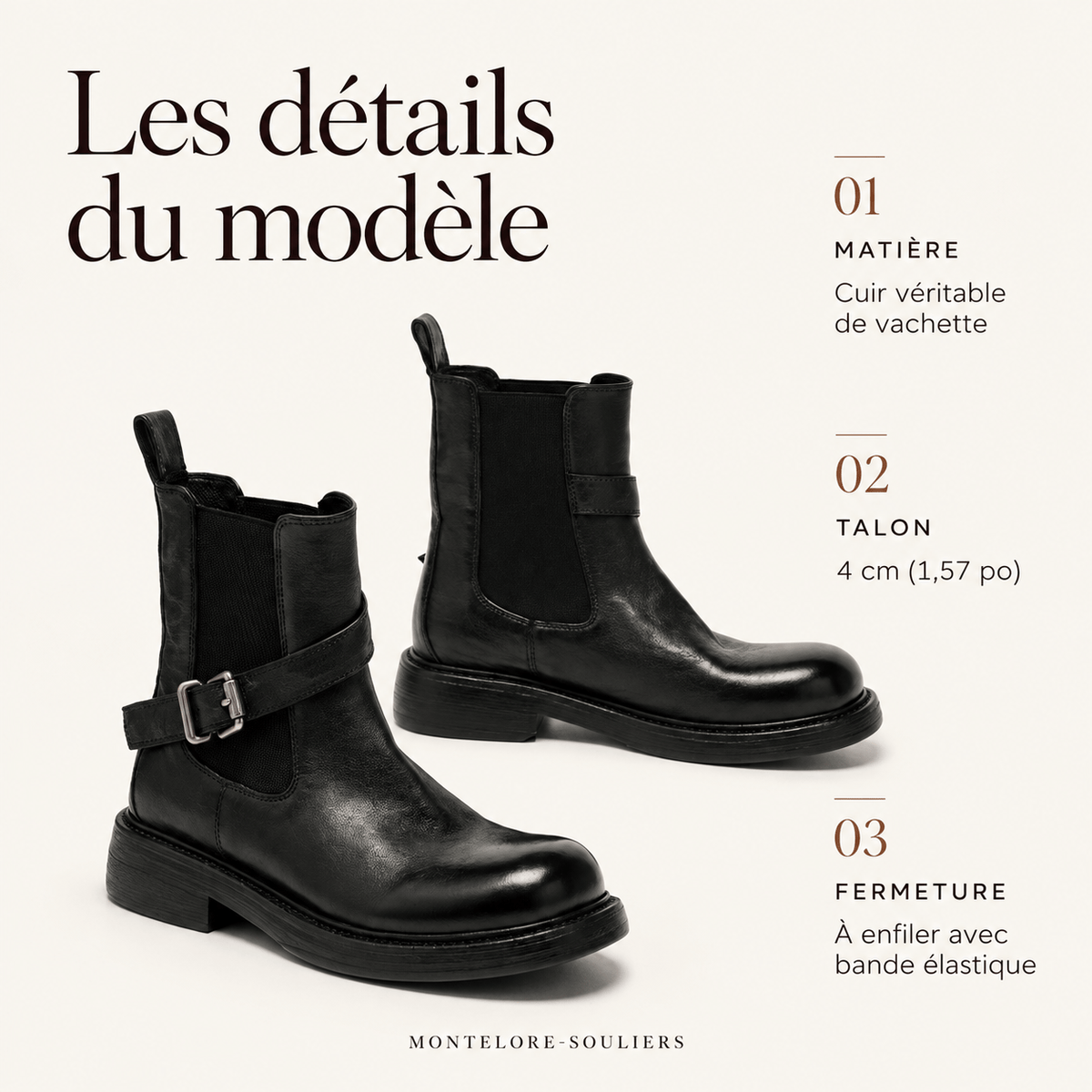 montelore-souliers Bottines Femme Talon 4 Cm En Cuir De Vachette À Boucle