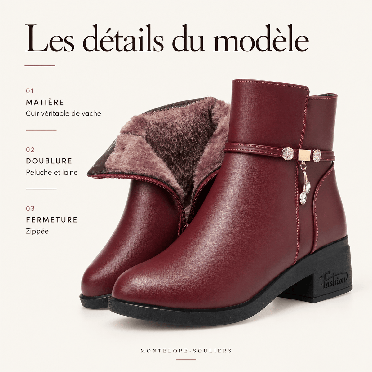 montelore-souliers Bottines Femme Talon 5 Cm Cuir Chaudes Fourrées