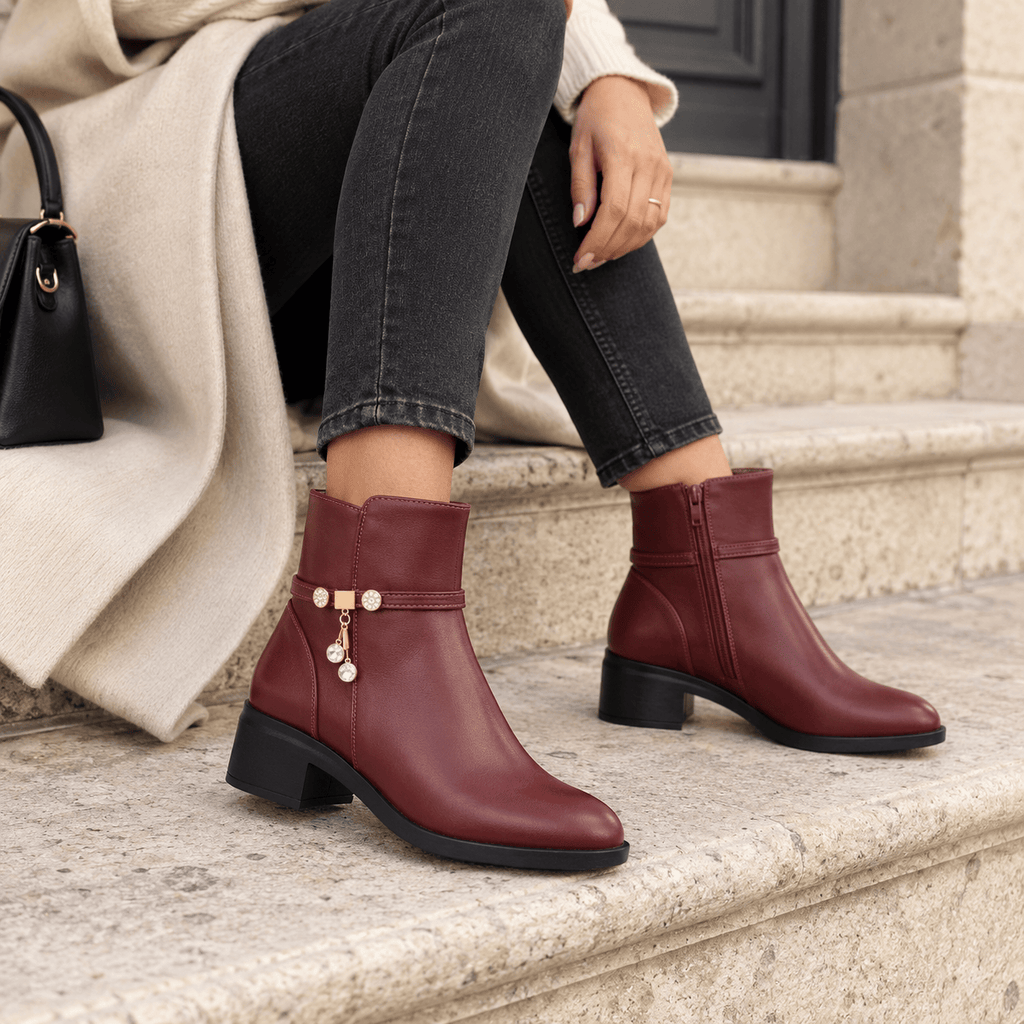 montelore-souliers Bottines Femme Talon 5 Cm Cuir Chaudes Fourrées