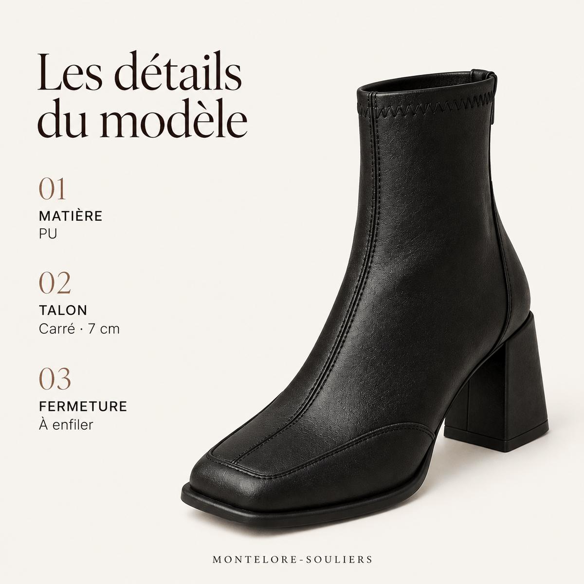 montelore-souliers Bottines Femme Talon 7 Cm Bout Carré Épais