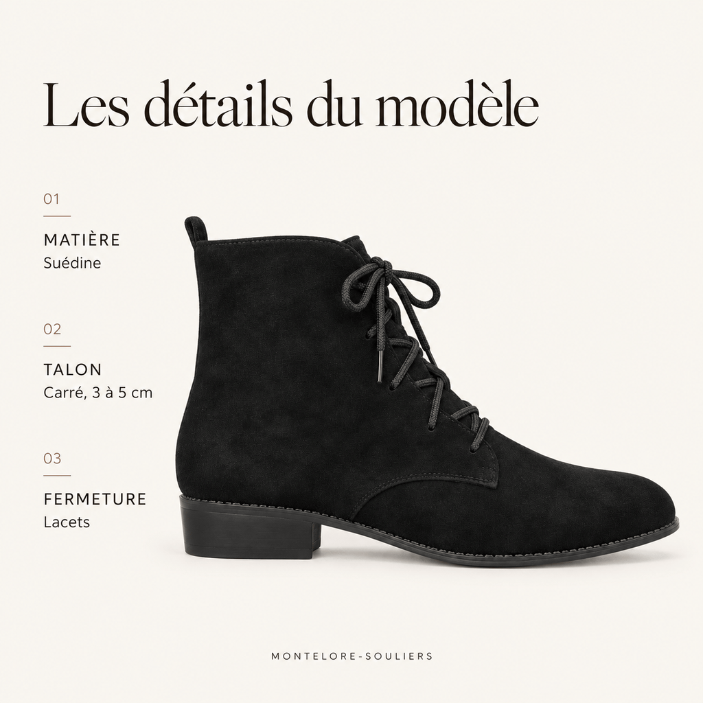 montelore-souliers Bottines Lacets Femme Noires En Suédine