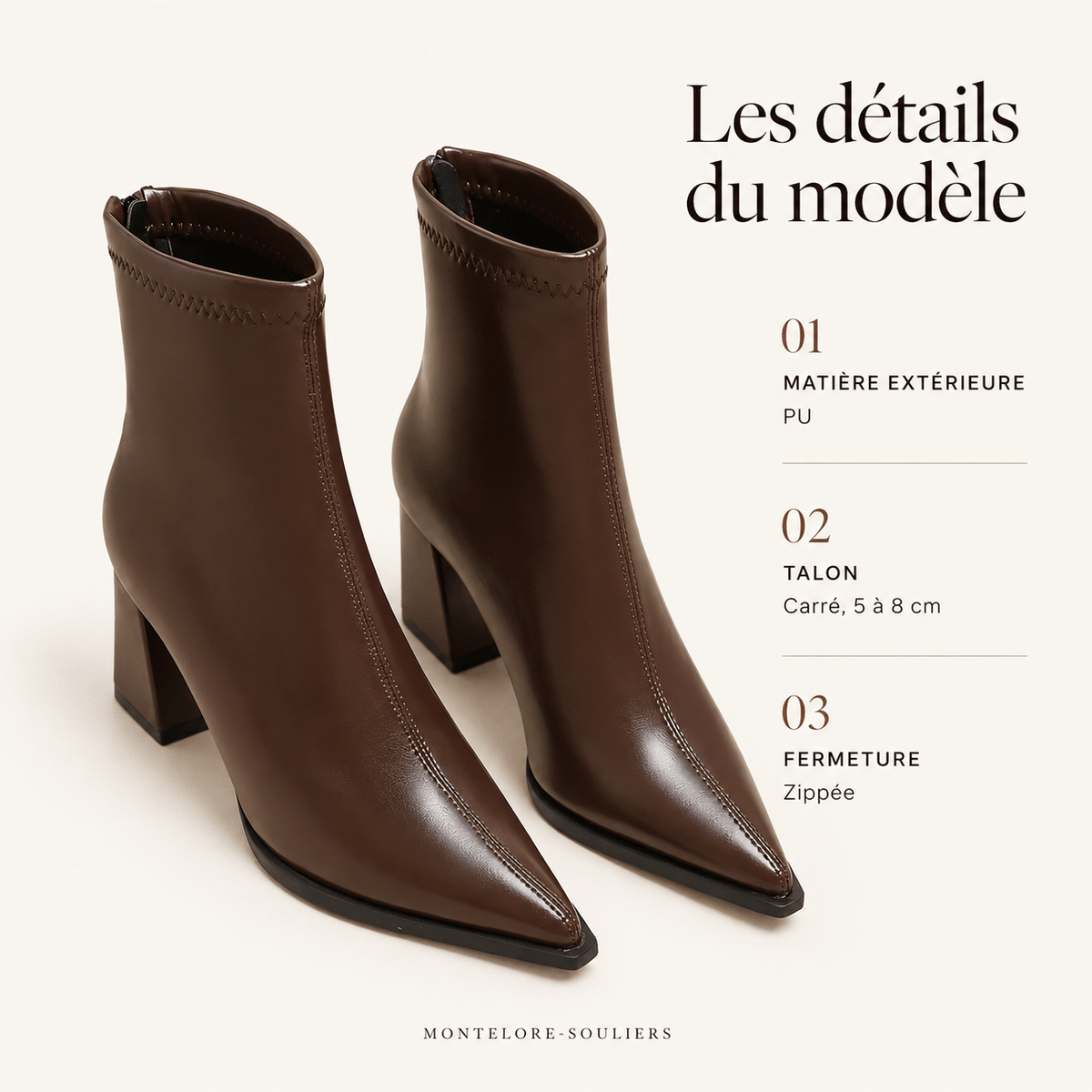 montelore-souliers Bottines Marron Bout Pointu Talon Carré
