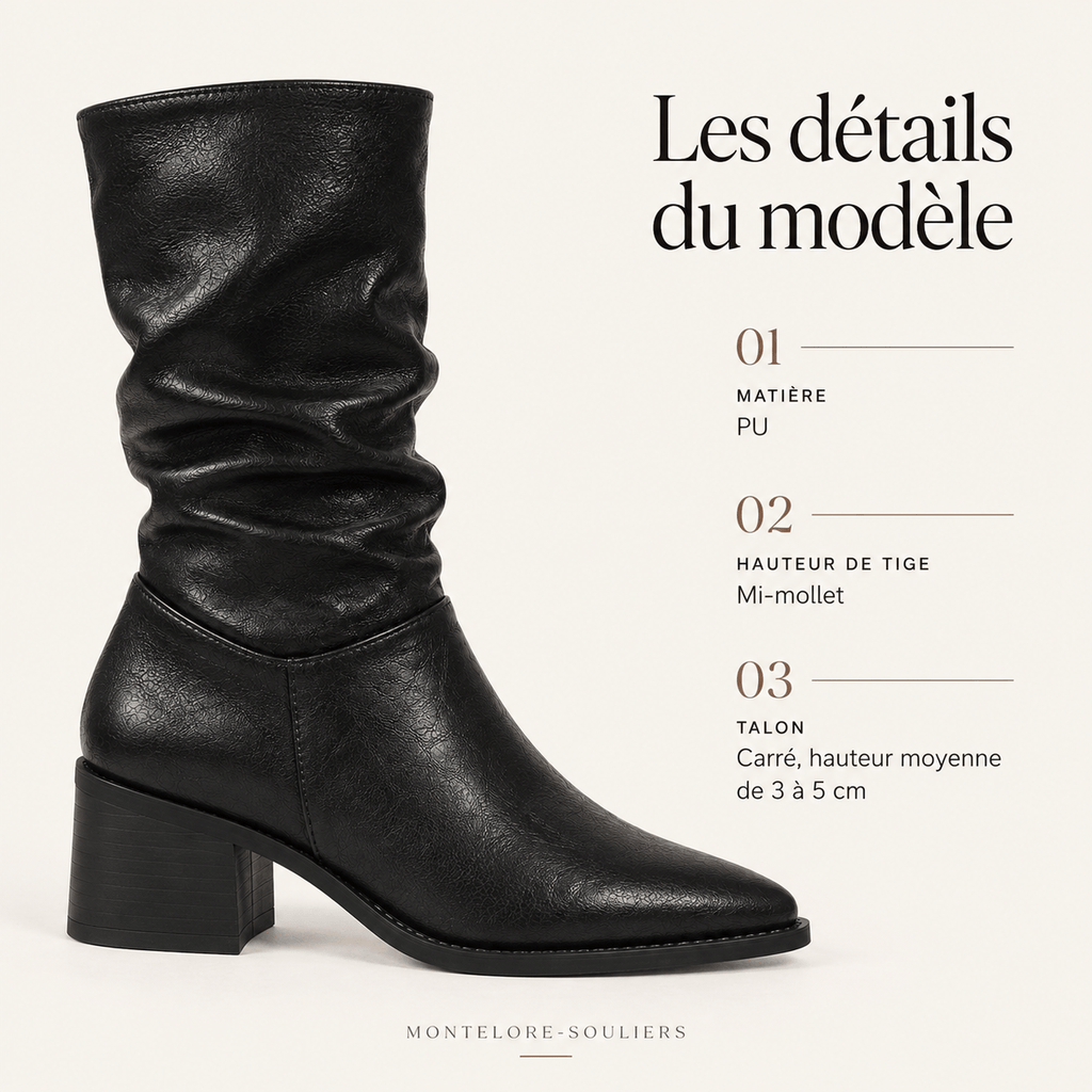 montelore-souliers Bottines Noires À Talons Plissé Bout Pointu