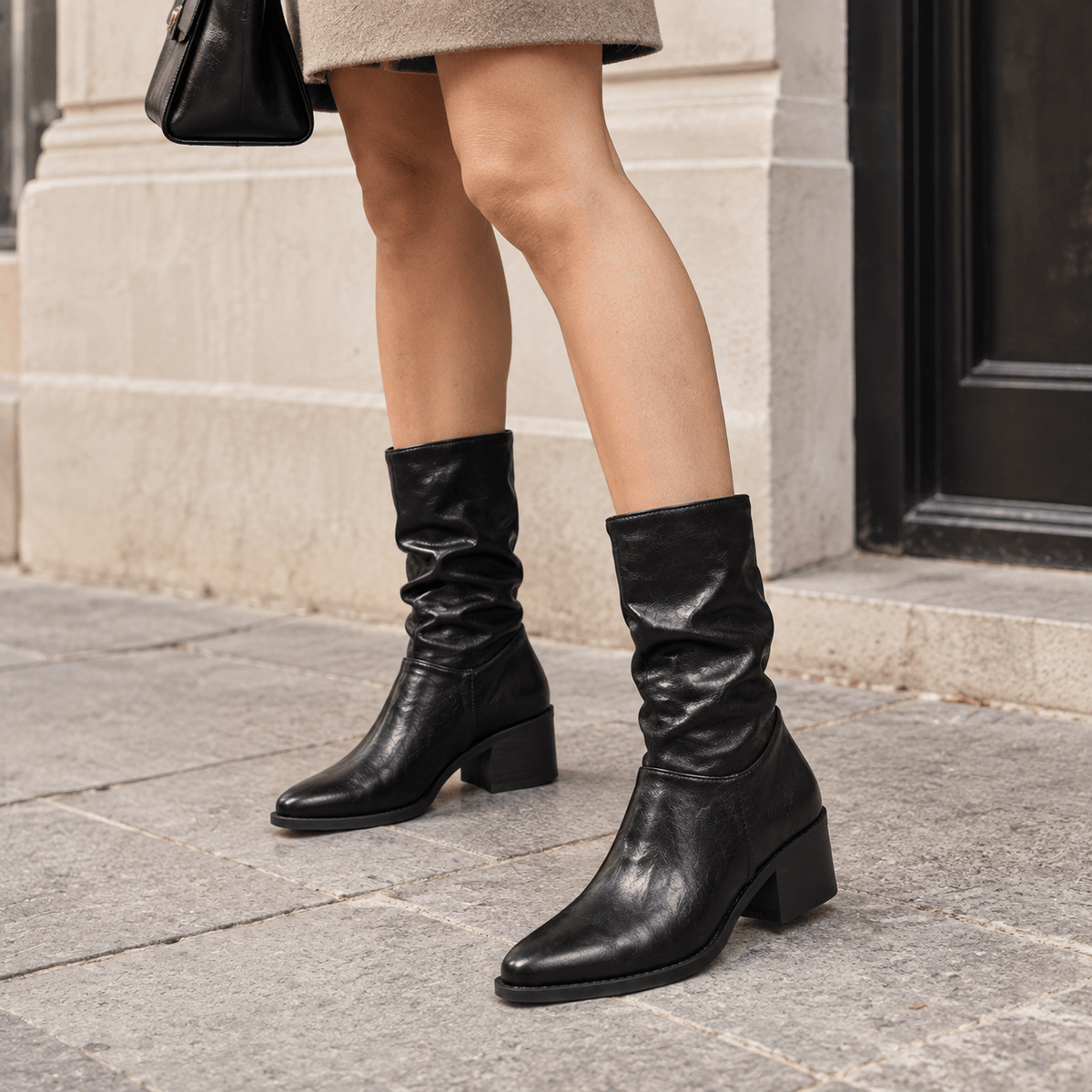montelore-souliers Bottines Noires À Talons Plissé Bout Pointu