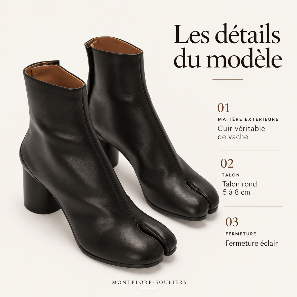 montelore-souliers Bottines Noires Cuir Femme Talon À Bout Fendu Tabi