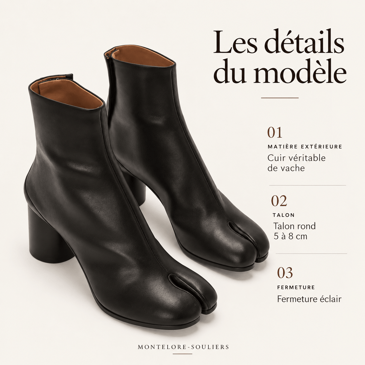 montelore-souliers Bottines Noires Cuir Femme Talon À Bout Fendu Tabi