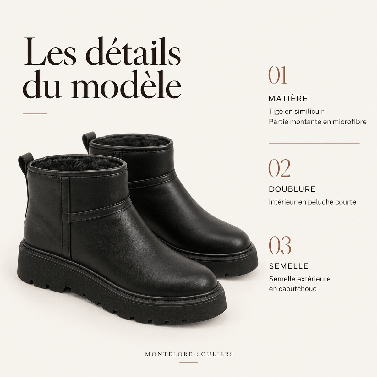 montelore-souliers Bottines Noires Femme Plates Doublées Polaire Semelle