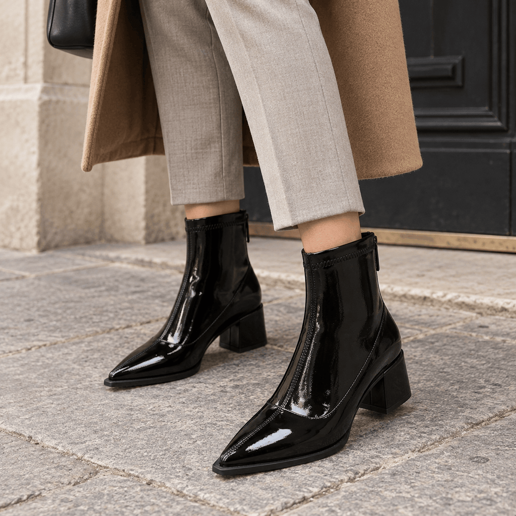 montelore-souliers Bottines Noires Vernies Femme Bout Pointu Talon Carré