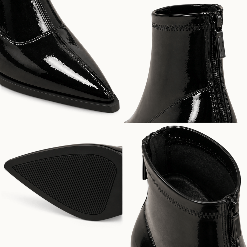 montelore-souliers Bottines Noires Vernies Femme Bout Pointu Talon Carré