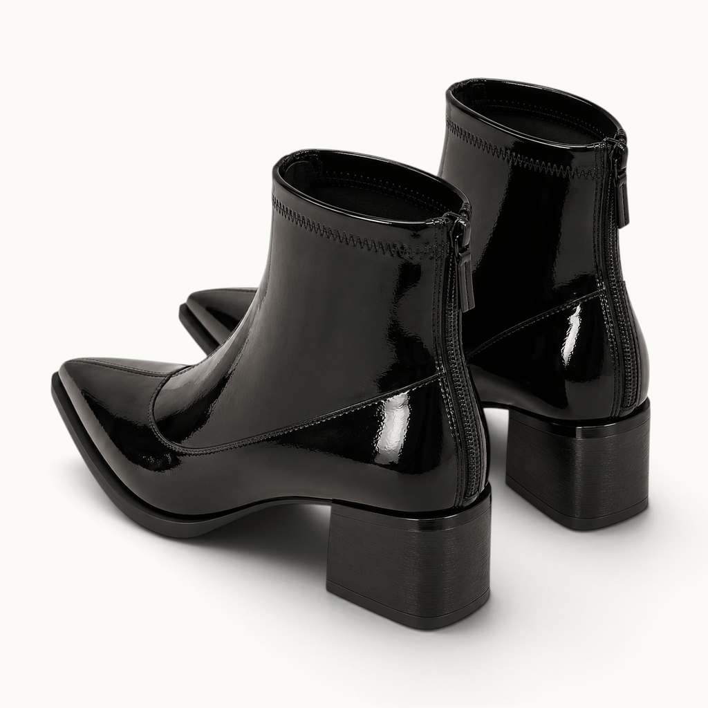 montelore-souliers Bottines Noires Vernies Femme Bout Pointu Talon Carré