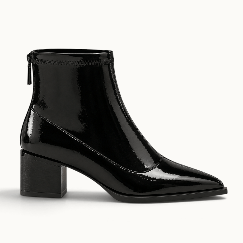 montelore-souliers Bottines Noires Vernies Femme Bout Pointu Talon Carré