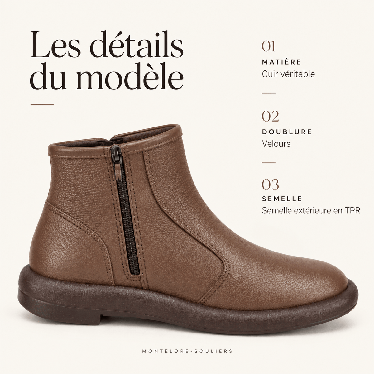 montelore-souliers Bottines Plates Cuir Femme Véritable