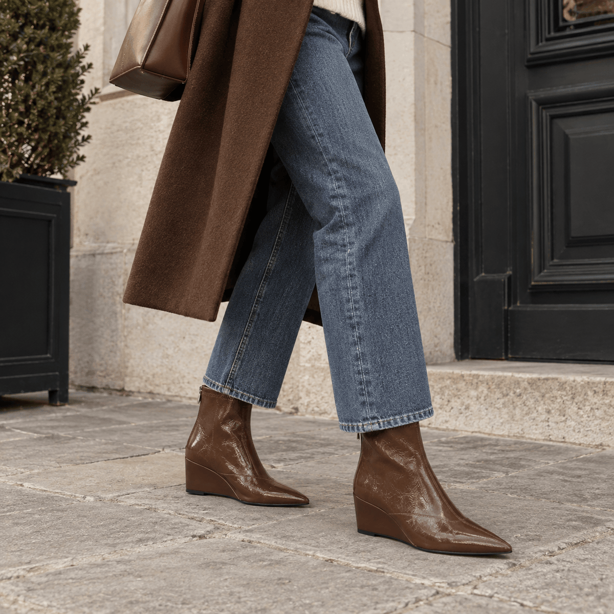 montelore-souliers Bottines Simili-Cuir Verni À Talon Compensé Bout Pointu