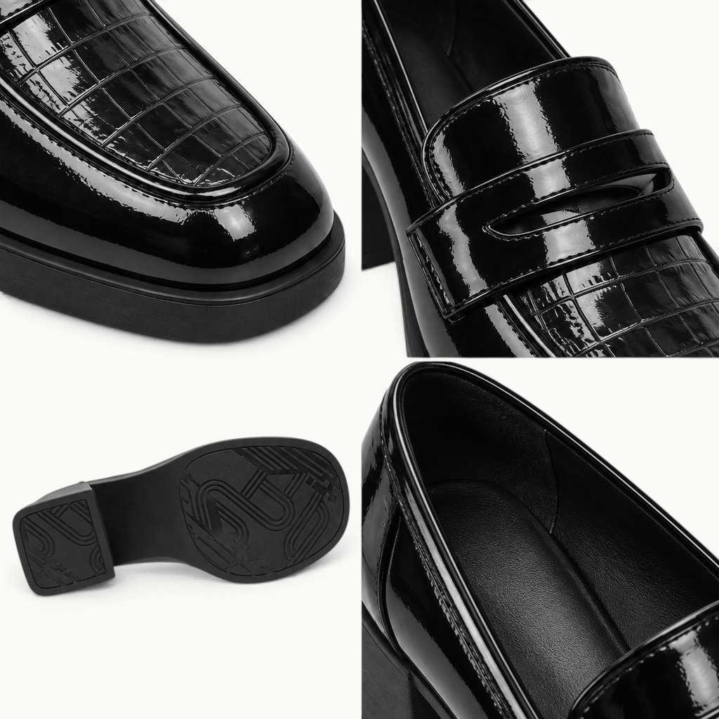 montelore-souliers Mocassin Cuir Noir Femme À Talon Carré Verni
