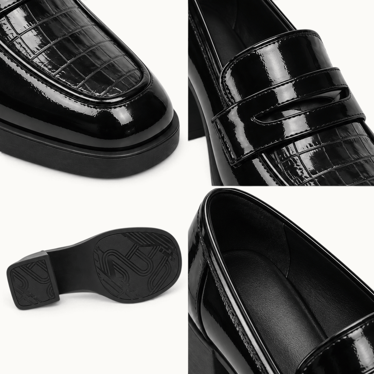 montelore-souliers Mocassin Cuir Noir Femme À Talon Carré Verni